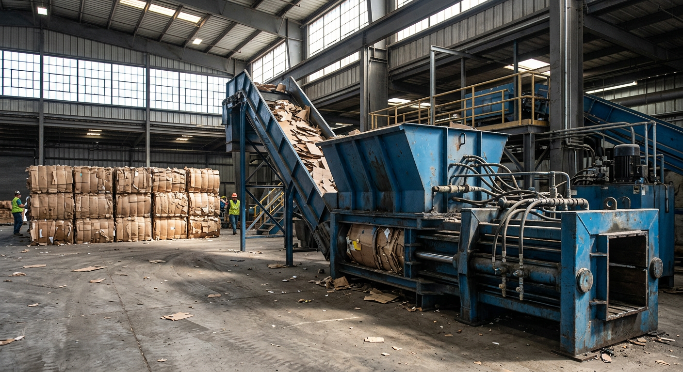 Horizontal recycling baler with hydraulic cylinders and hoses next to stacked cardboard bales