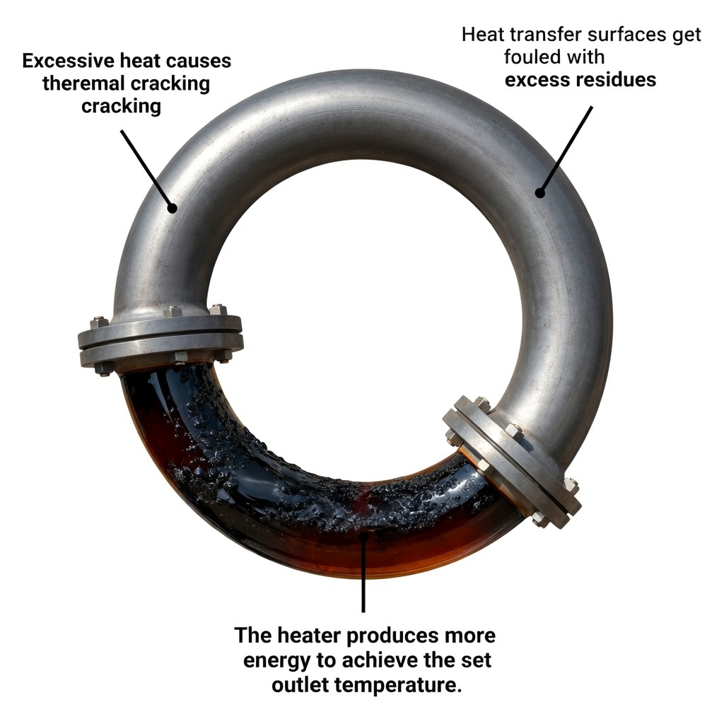 Diagram showing the cyclical degradation of heat transfer fluid: excessive heat causes thermal cracking, surfaces get fouled with residues, and the heater must produce more energy to compensate