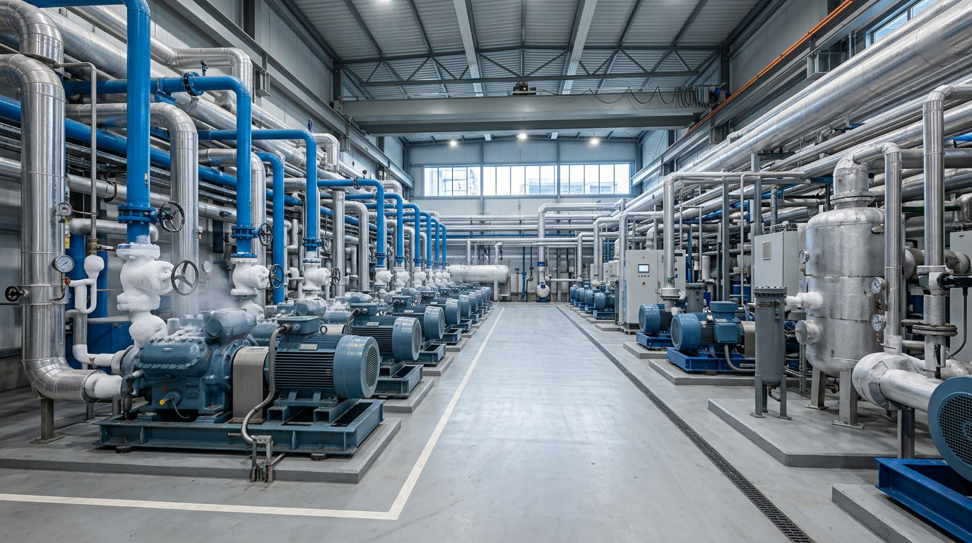 Industrial refrigeration engine room with screw compressors and ammonia piping