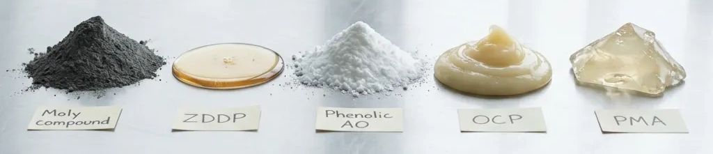 Lubricant additives: Moly Compound, ZDDP, Phenolic AO, OCP, and PMA