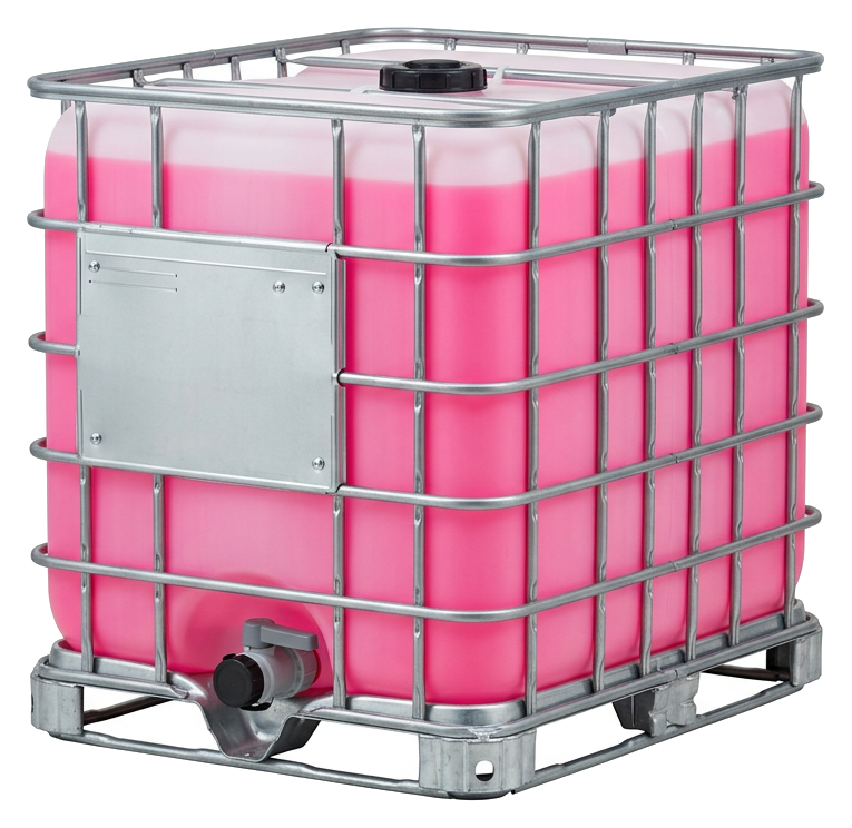 Caged IBC tote with integrated steel pallet, filled with pink antifreeze