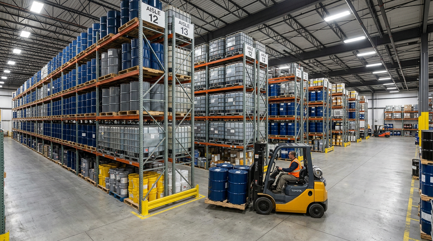 Lubricant warehouse with racks of drums and pails