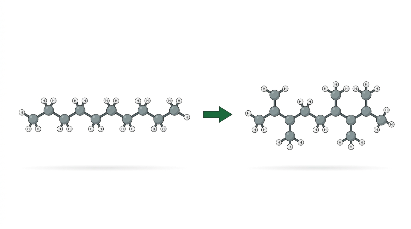 Ball-and-stick models showing a straight-chain wax molecule converted into a branched isoparaffin