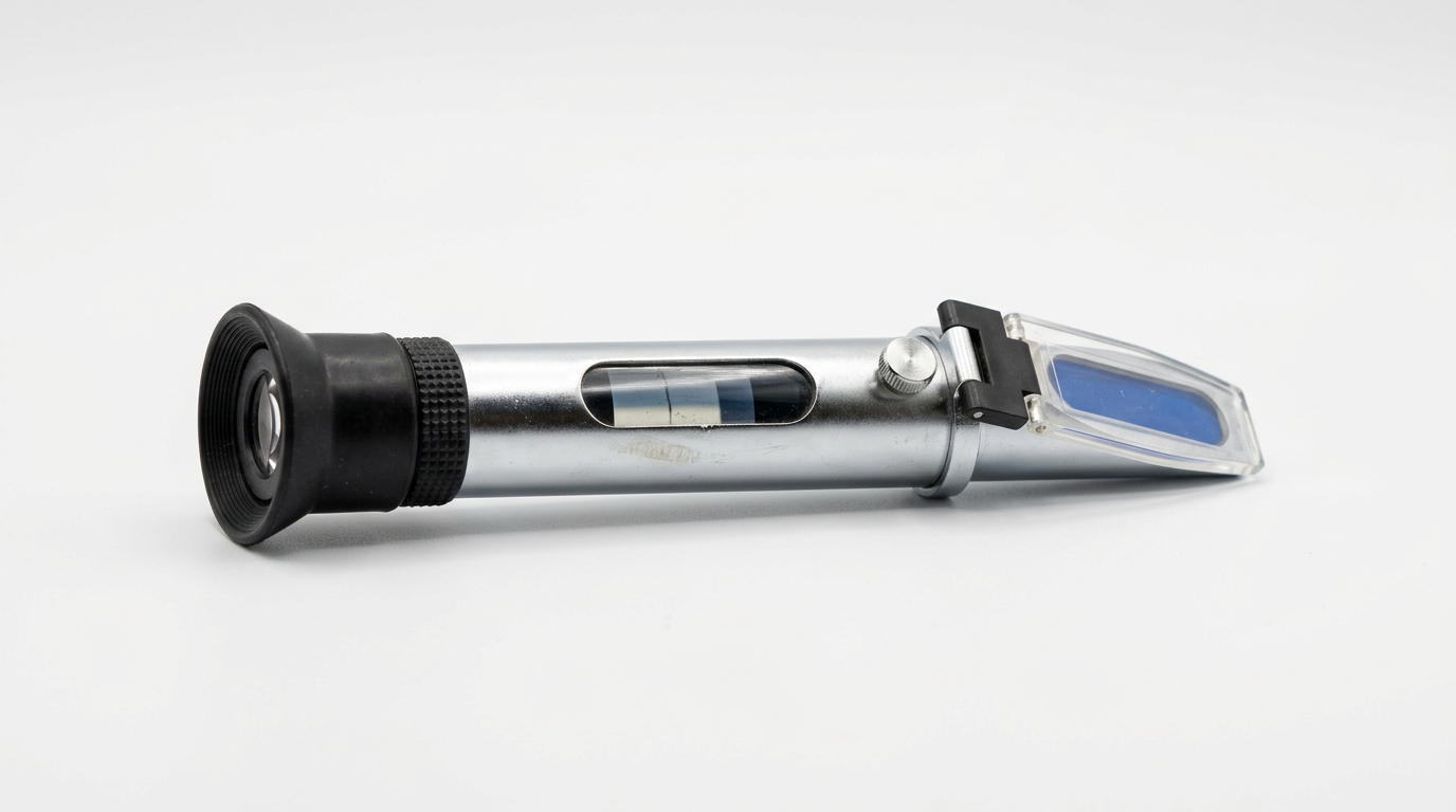 Handheld refractometer with black eyepiece, aluminum body, and blue prism under a hinged daylight plate
