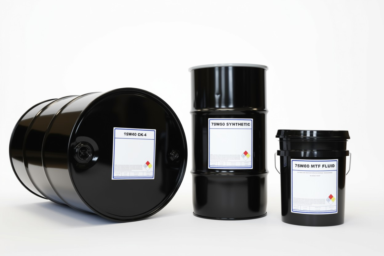 Private label lubricant containers - 55 gallon drum, 16 gallon keg, and 5 gallon pail with custom labels