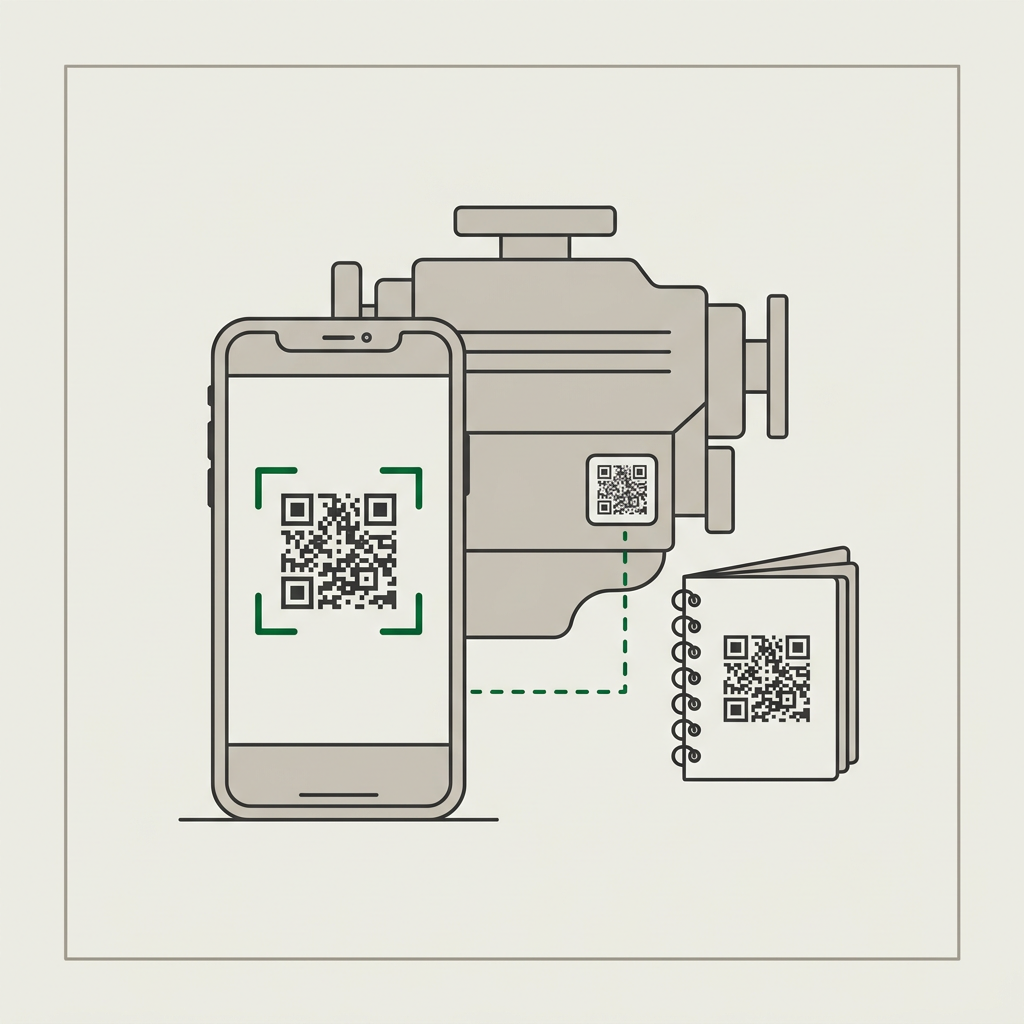 Phone camera scanning the QR asset tag on a machine