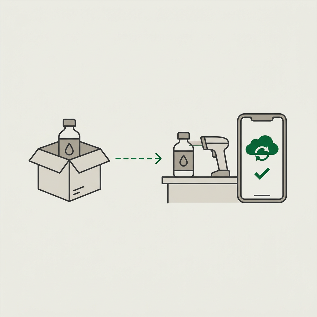 Boxed sample bottle shipped to the lab, where scanning it syncs the sample info